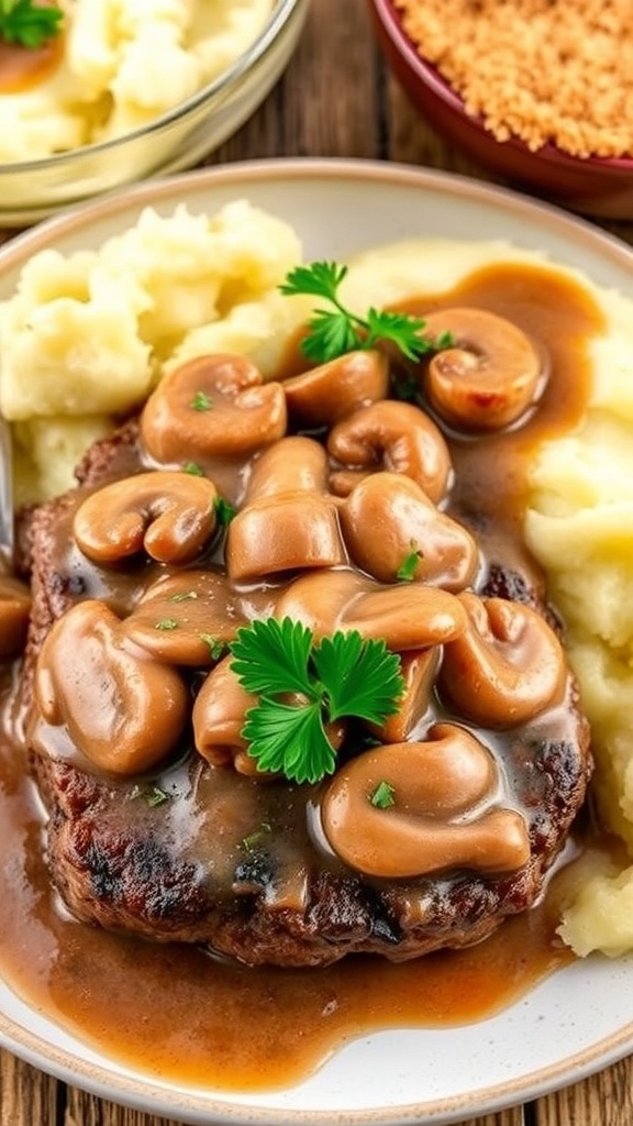 Savory hamburger steak with onion and mushroom gravy, served with mashed potatoes on a rustic table.